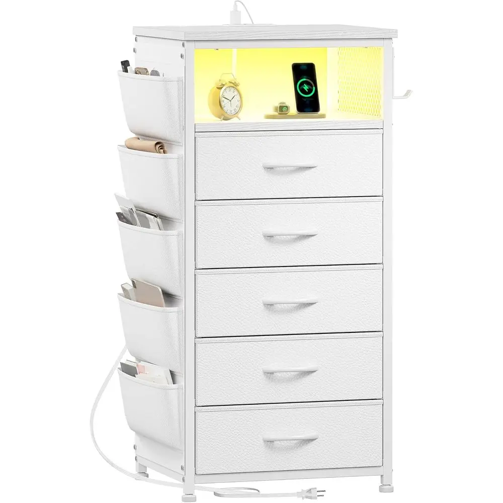 

Contemporary Tall Nightstand with 5 Drawers, LED-lit Nightstand with Charging Ports & Outlets, White Dresser with Side Bag, Stor