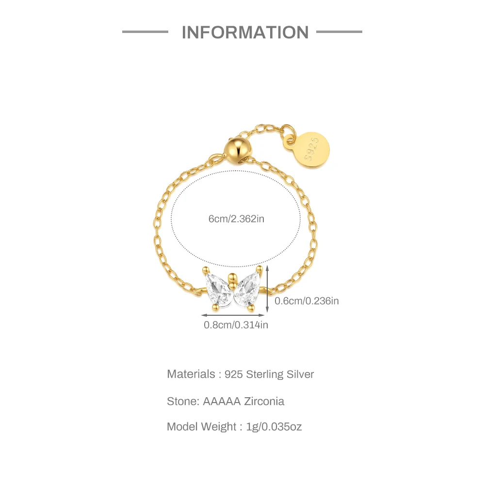 مساعد 925 فضة جميلة فراشة الزركون خواتم للنساء قابل للتعديل سلسلة خواتم INS كوريا العصرية مجوهرات هدايا 1 قطعة