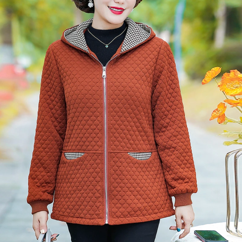 Women\'s Hooded Quilted Jacket Autumn Long-sleeved Jacket Parkas padded Tops Mother Cotton Coat Plus Size Feminino