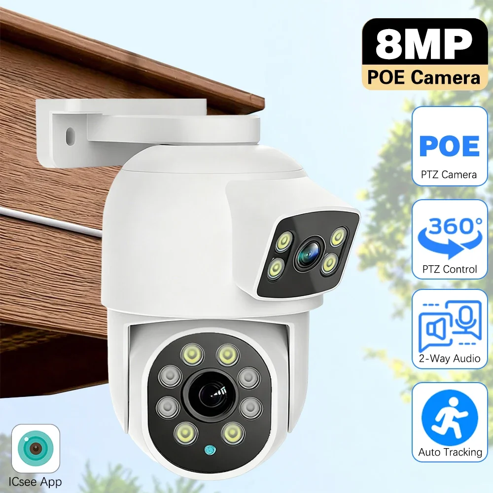 

8MP 4K ICsee Dual Lens Dome PTZ Camera WIFI+POE Rj45 Network Security Monitoring 360° Tracking Home Outdoor Built-In Microphone