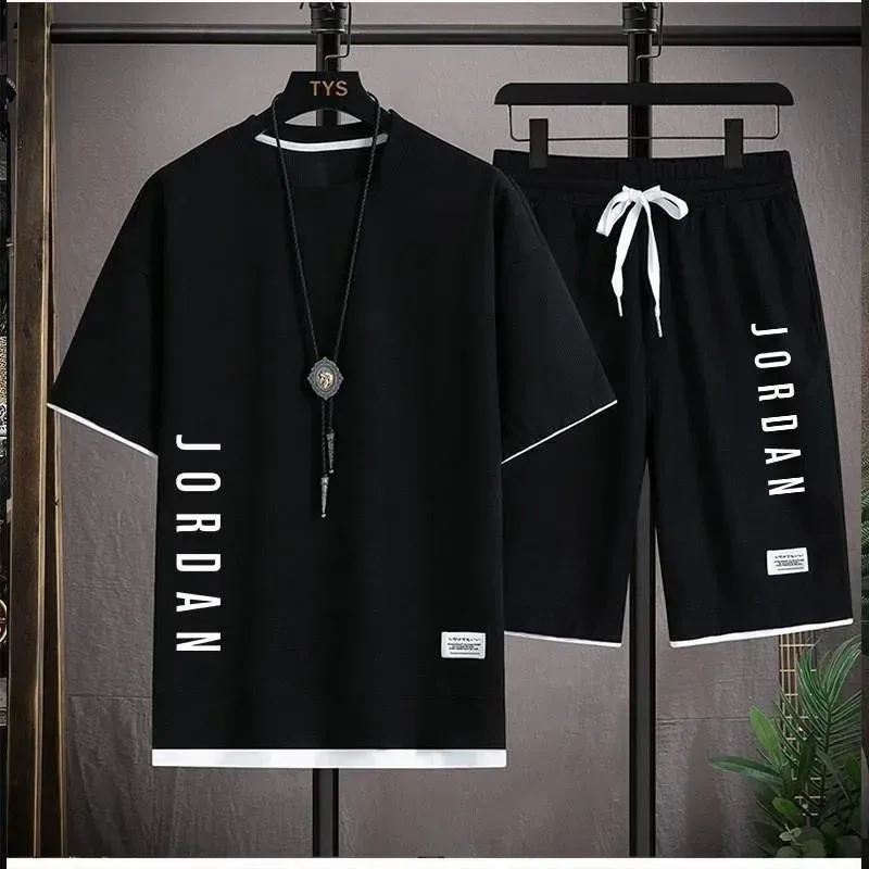 

Summer men breathable quick dry jogging basketball sports suit fashion short-sleeved casual crewneck T-shirt + shorts two-piece