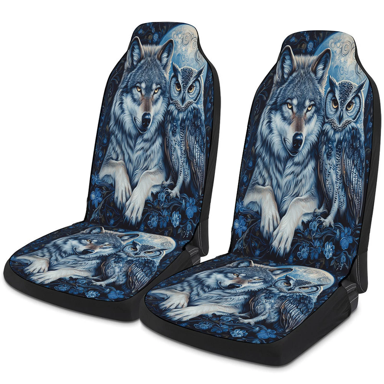 Wolf Owl Pattern Car Seat Cover Set For Most Cars Trucks, Fashionable Breathable Car Seat Protector Covers Full Set, Universal C
