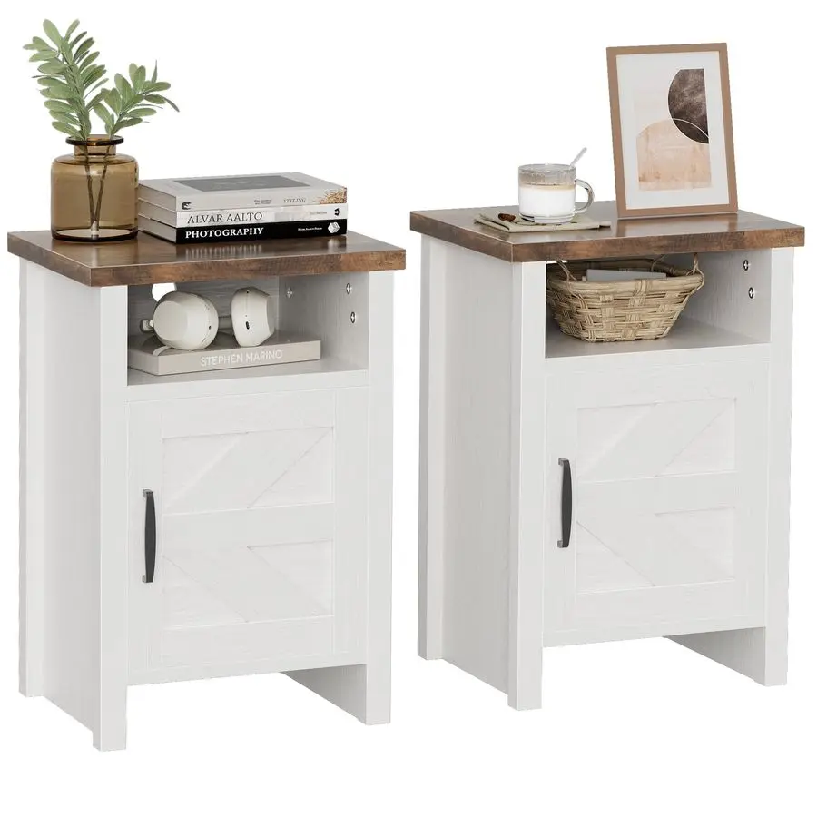 

Farmhouse Modern Nightstand with Shelf and Barn Door, Set of 2 for Bedroom, White