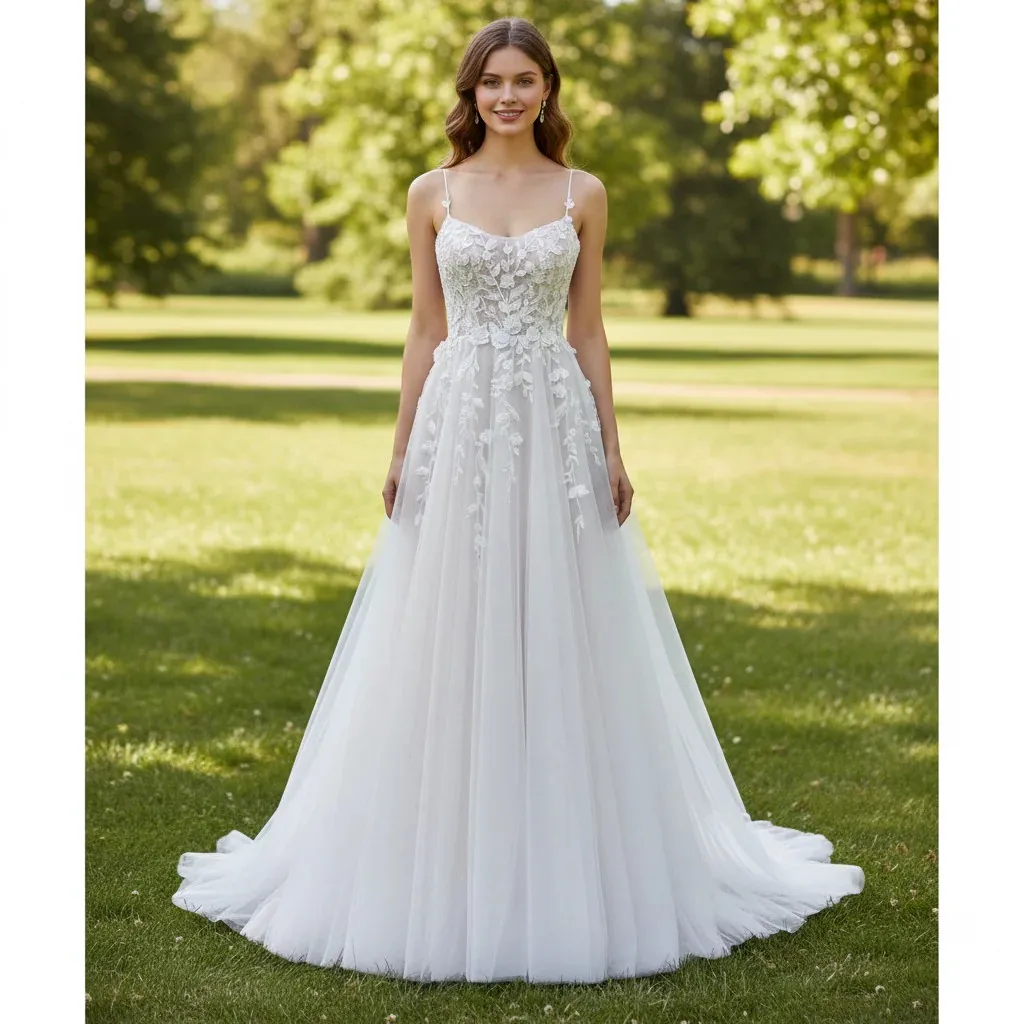 Suknia ślubna Rosymae, klasyczna, w kształcie litery A, z kwiatową koronką, na ramiączkach spaghetti, elegancka suknia dla panny młodej.