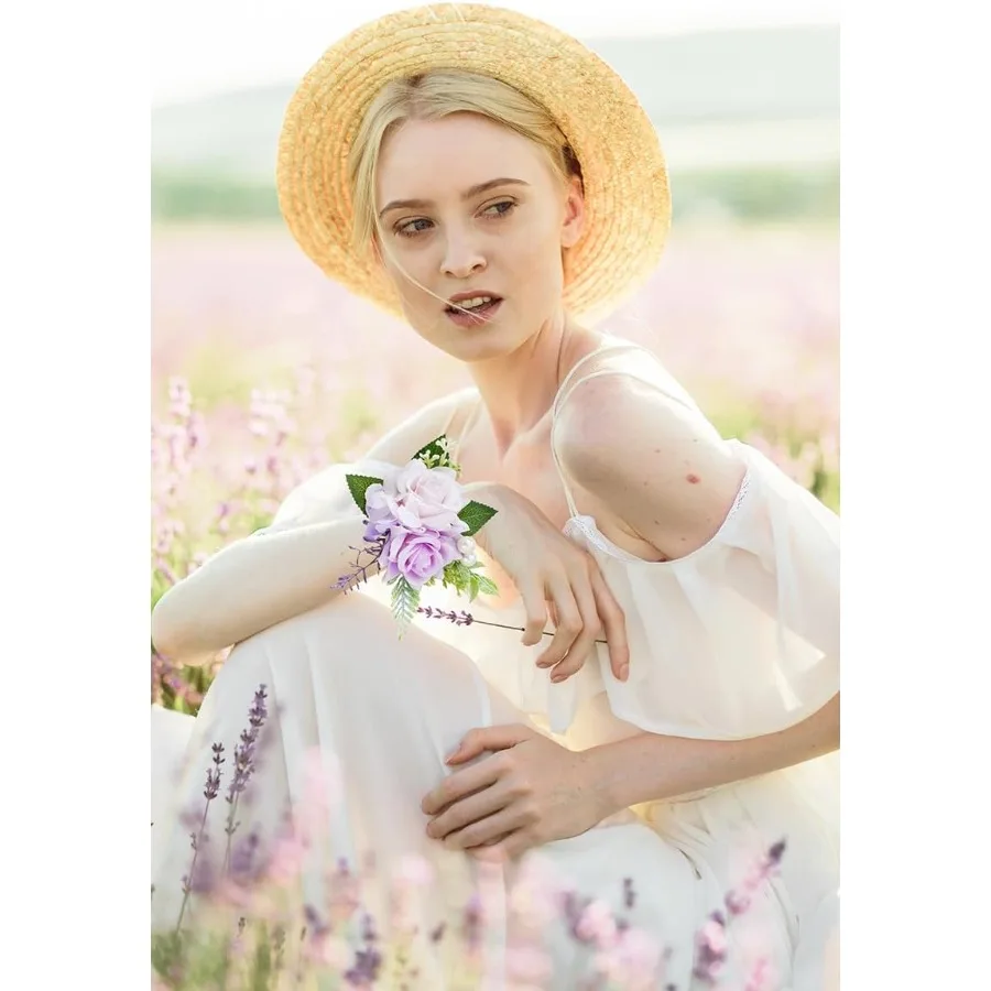 Conjunto de corpete roxo e boutonniere para baile de casamento, flor artificial de rosa, pulseiras de pulso, pulseira de corpete de baile