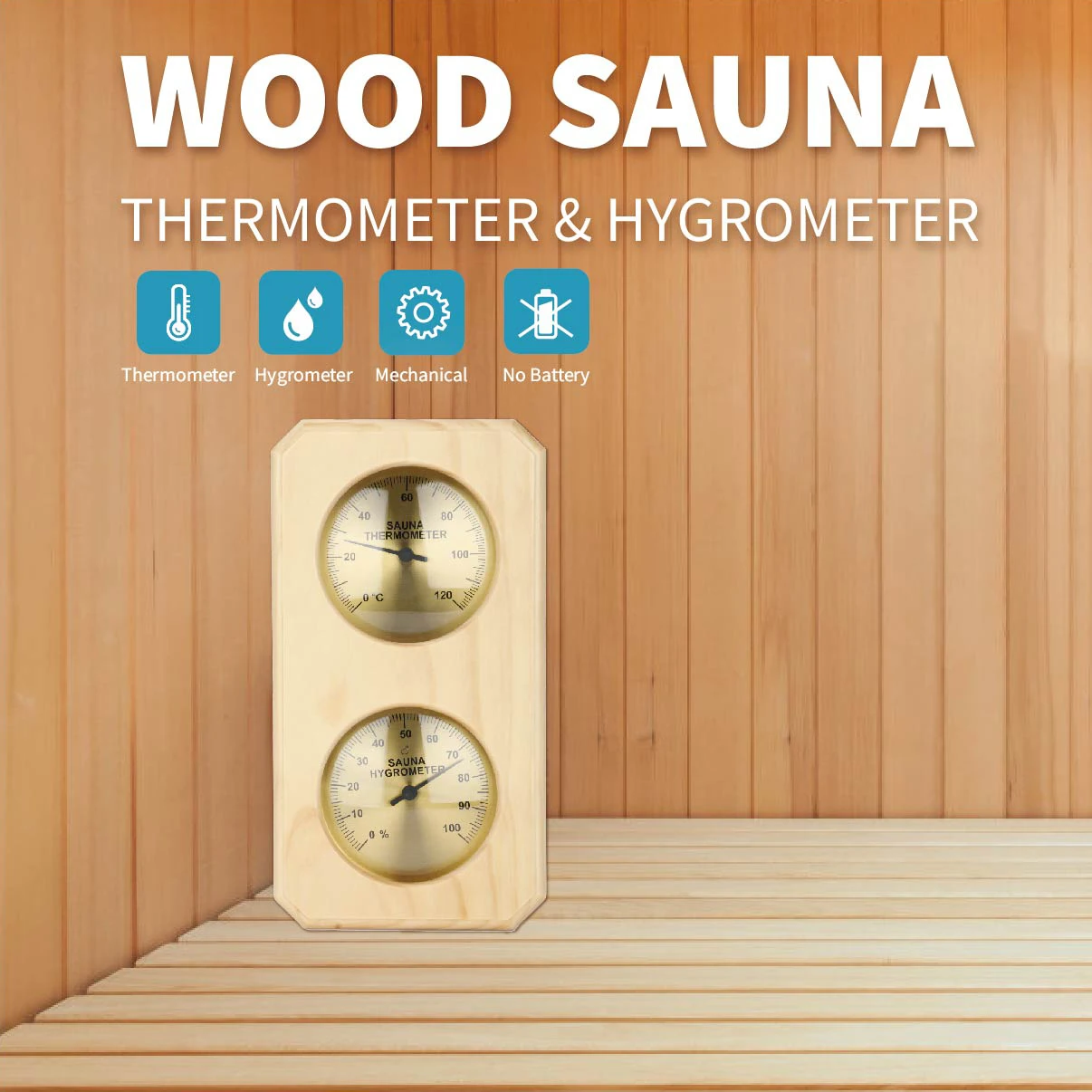 KT THERMO Wood Sauna Thermometer & Hygrometer, Wall-Mounted Spa Accessory, Mechanical, No Battery Required - For Family Hotel Sa