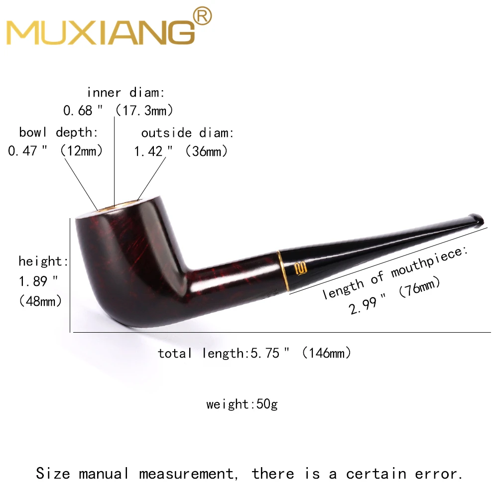 MUXIANG briar handmade tobacco pipe straight handle with ring billiard pipe 9mm pipe channel with copper pot For tobacco smoking