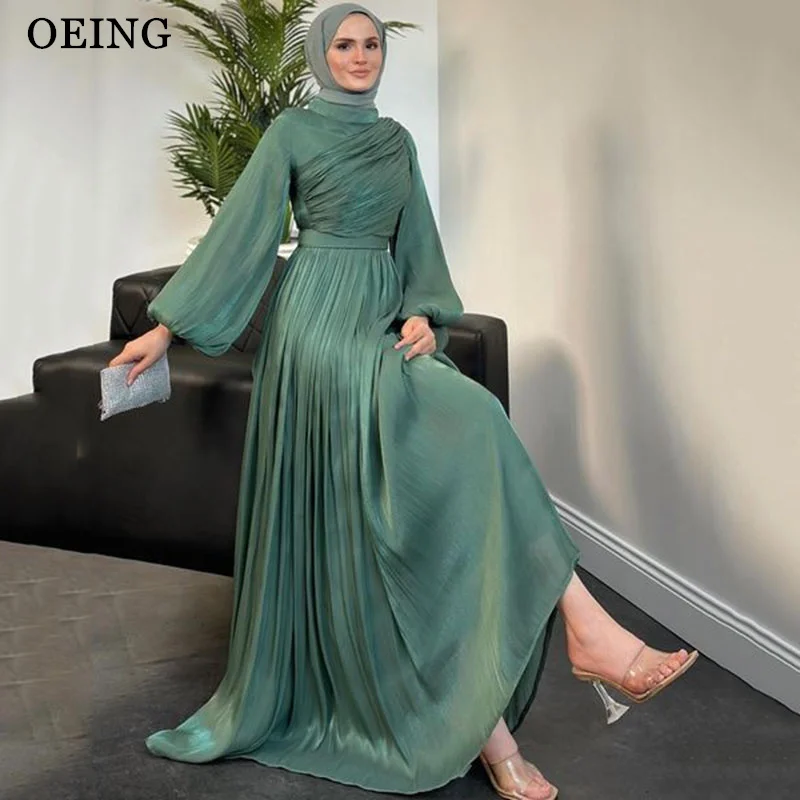 

OEING A-Line Green Evening Dress Elegant Long Sleeves High Neck Party Gowns Pleats Floor-Length Dress Customized