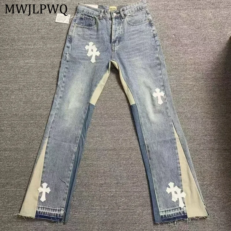 

MWJLPWQ Independent Patchwork Leather Denim Flared Pants Men's High Street Washed Distress Retro Slimming Jean 2025 Autumn 11246