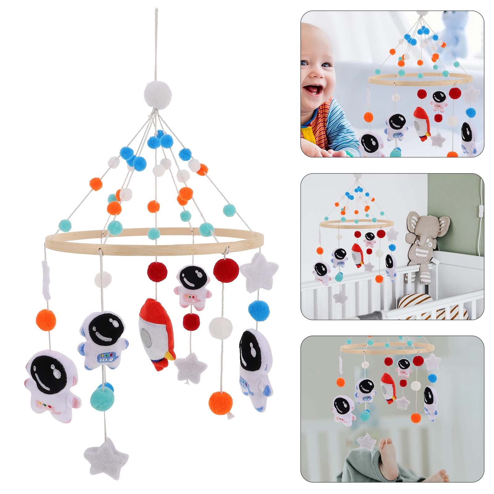 

Handmade Felt Nursery For Crib: Cute Astronaut Rocket Space Theme Infant Bed Hanging With Soothing Chimes Portable Toddler Crib
