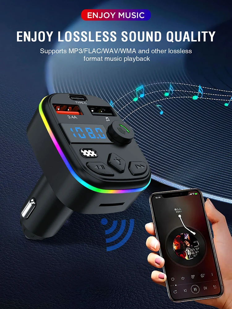 

Автомобильный FM-трансмиттер с зарядкой для телефона, Bluetooth 5.3, поддержкой TF-карт и USB-накопителей, FM-модулятор для автомагнитолы, MP3-плеер, адаптер