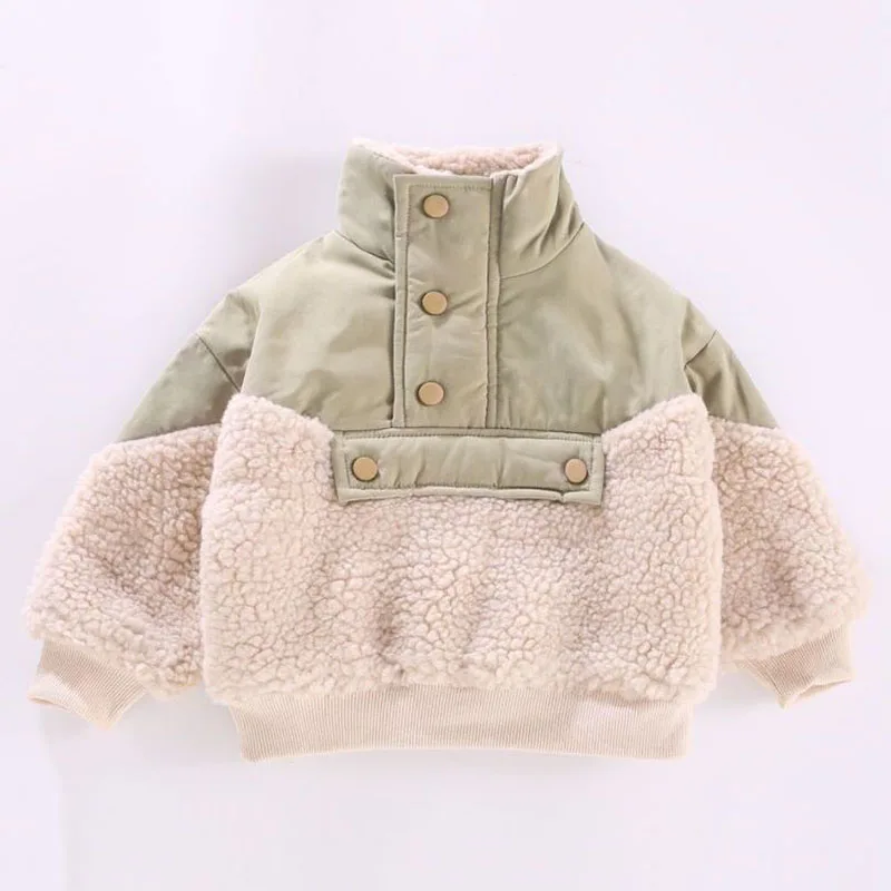 Winter Lamb Wool Jacket For Baby Boy Girl Long Sleeve Patchwork Fleece Sweatshirt Clothes Children Warm Loose Cotton-Padded Coat