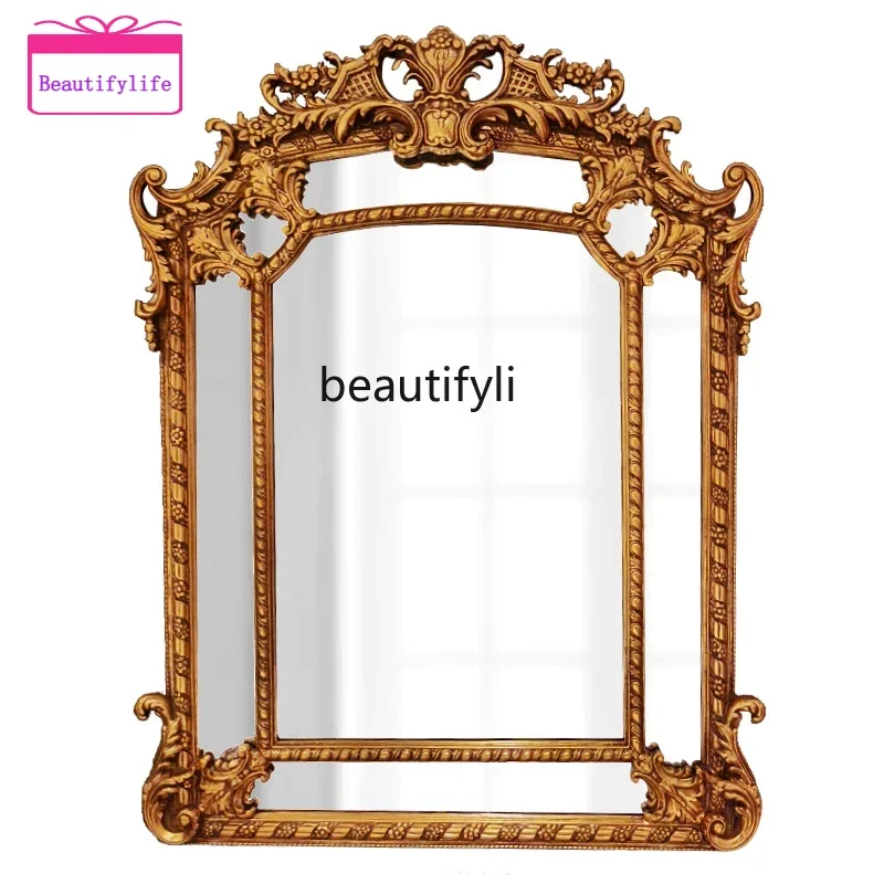 YL  European French retro decorative mirror living room entrance wall hanging mirror background wall engraved hanging mirror