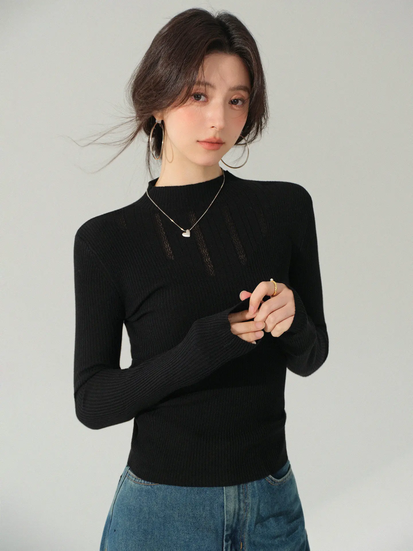 Ażurowy sweter żakardowy damski, elegancki, dopasowany, z długim rękawem, szykowny sweter na wiosnę, idealny jako warstwa bazowa, codzienna koszulka na co dzień.