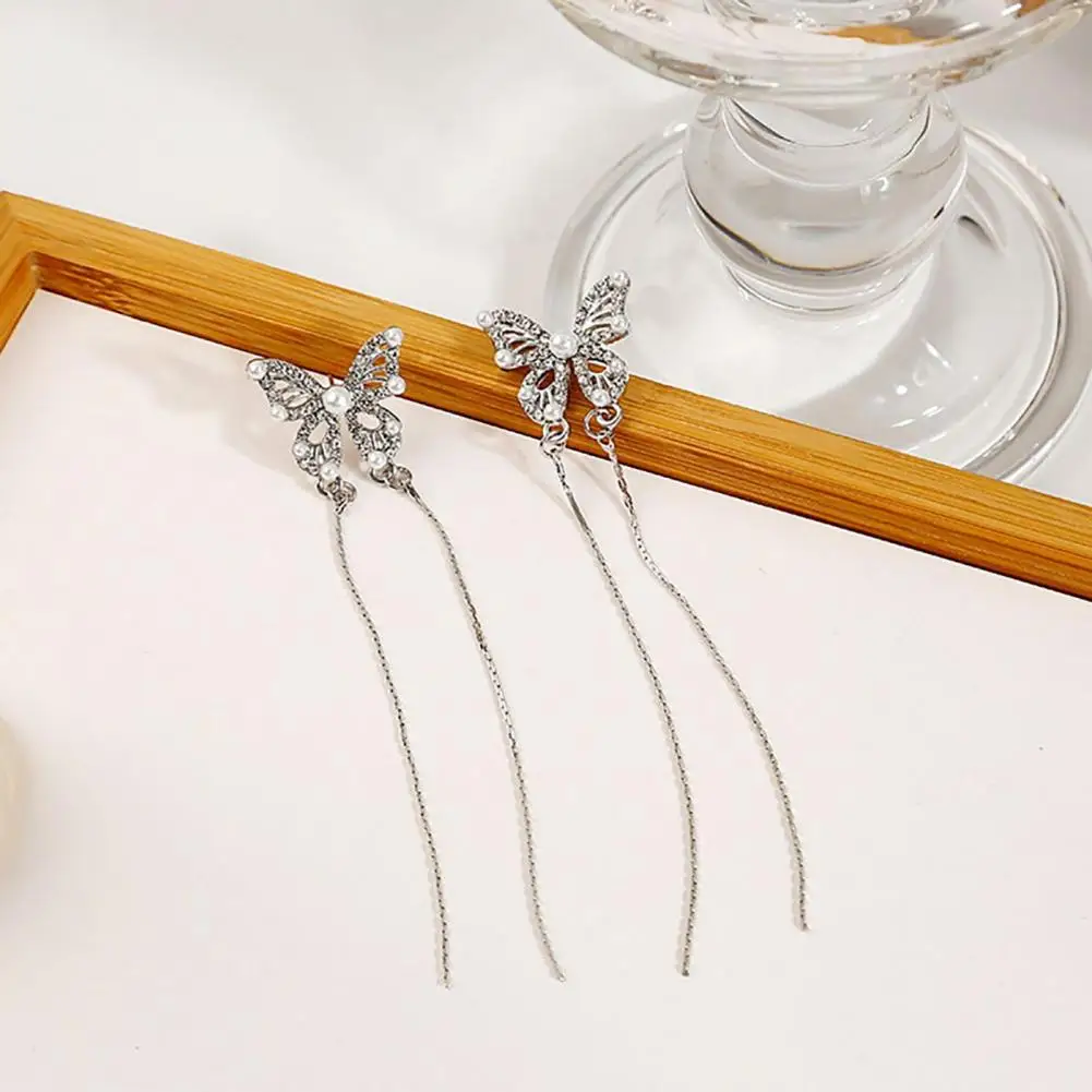 Jawline Enhancing Earrings Rhinestone Tassel Earrings Long Tassel Earrings for Women Imitation Pearl Butterfly Studs