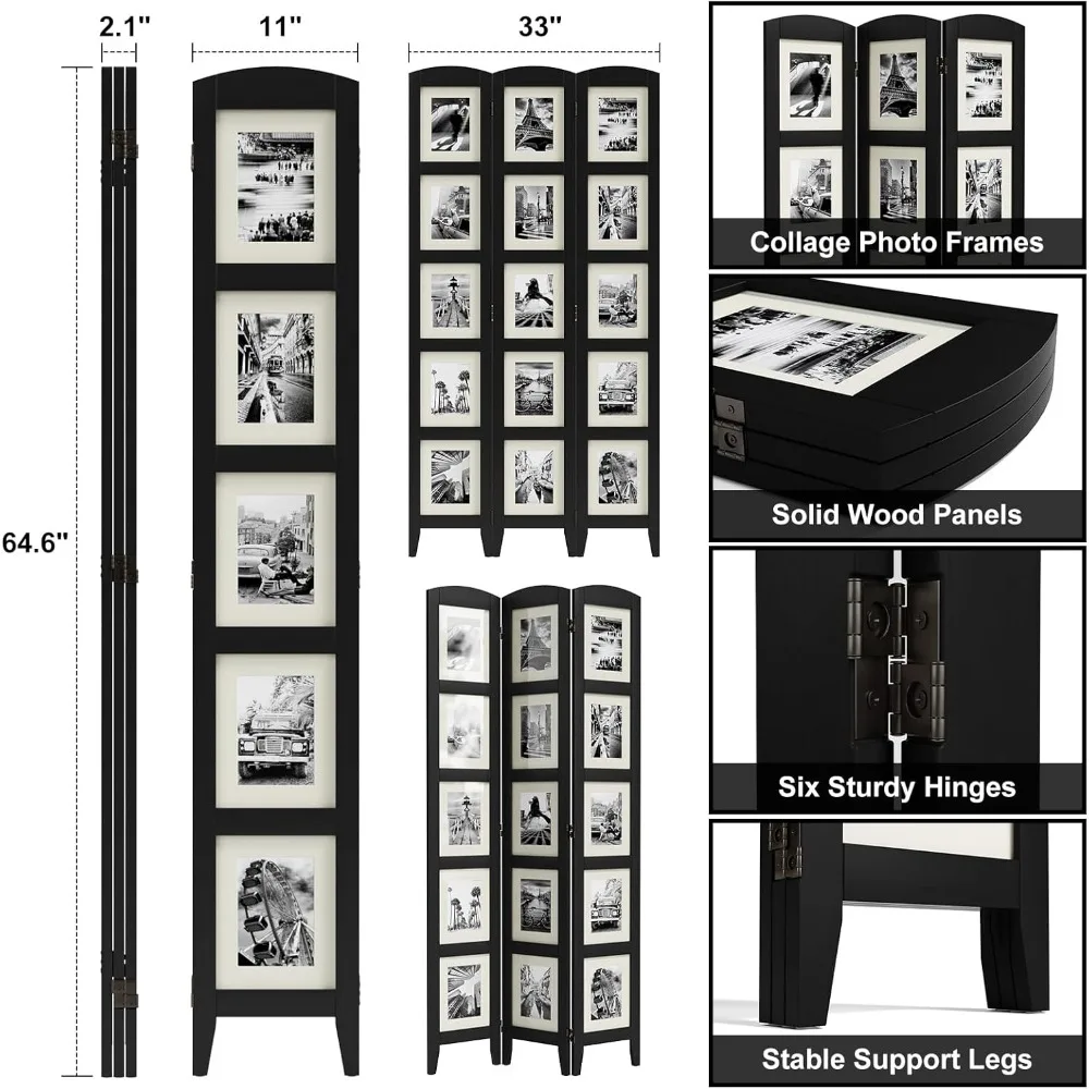 مقسم غرفة الصور من الخشب الصلب مكون من 3 ألواح، مناسب للإطارات مقاس 8 × 10 بدون سجاد، مصمم للصور مقاس 5 × 7