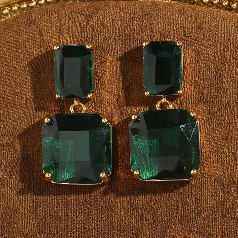 

Vintage Crystal Drop Green Earrings Luxury Woman Gold Color Dangle Square Summer Accessories Wedding Valentine Day Gift 2025