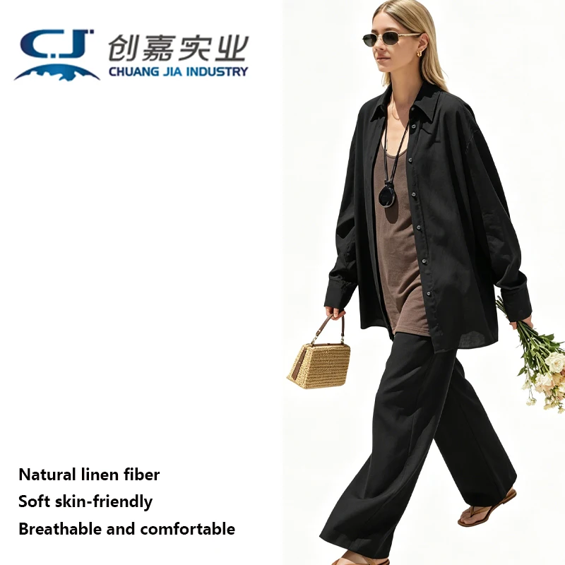

High-end Linen Women's Suit Dark Green Long Sleeve Shirt and Straight Pants 2 Outdoor Casual Relaxed Comfortable Wicks Sweat