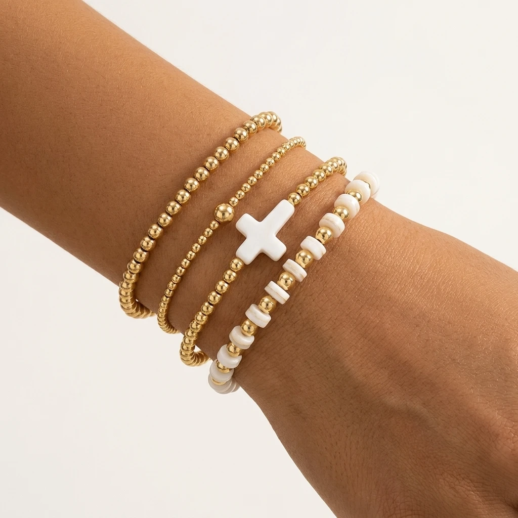 

4PCS Bohemian Gold Color Cross Beaded Bracelet Unisex Copper Metal Fashion Jewelry
