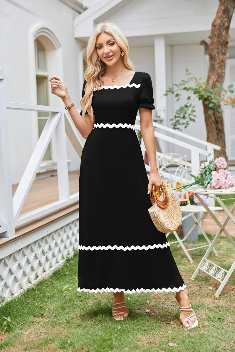 2025 Summer New Beach Party Women's Long Dress Fashionable Wavy Stripes Spliced ​​Square Neck Puff Sleeve Casual Simple Dress