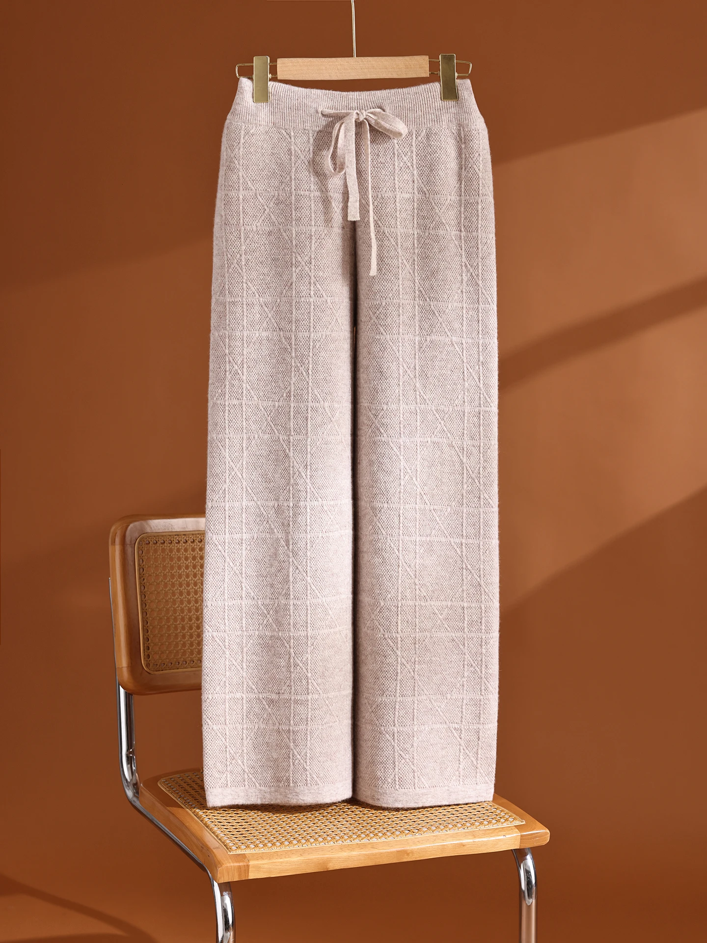 Woman's Pants 100% Merino Wool High Waist Relaxed Knit Wide Leg Pants Ribbed Elastic Waistband with Drawstring Subtle Grid Knit