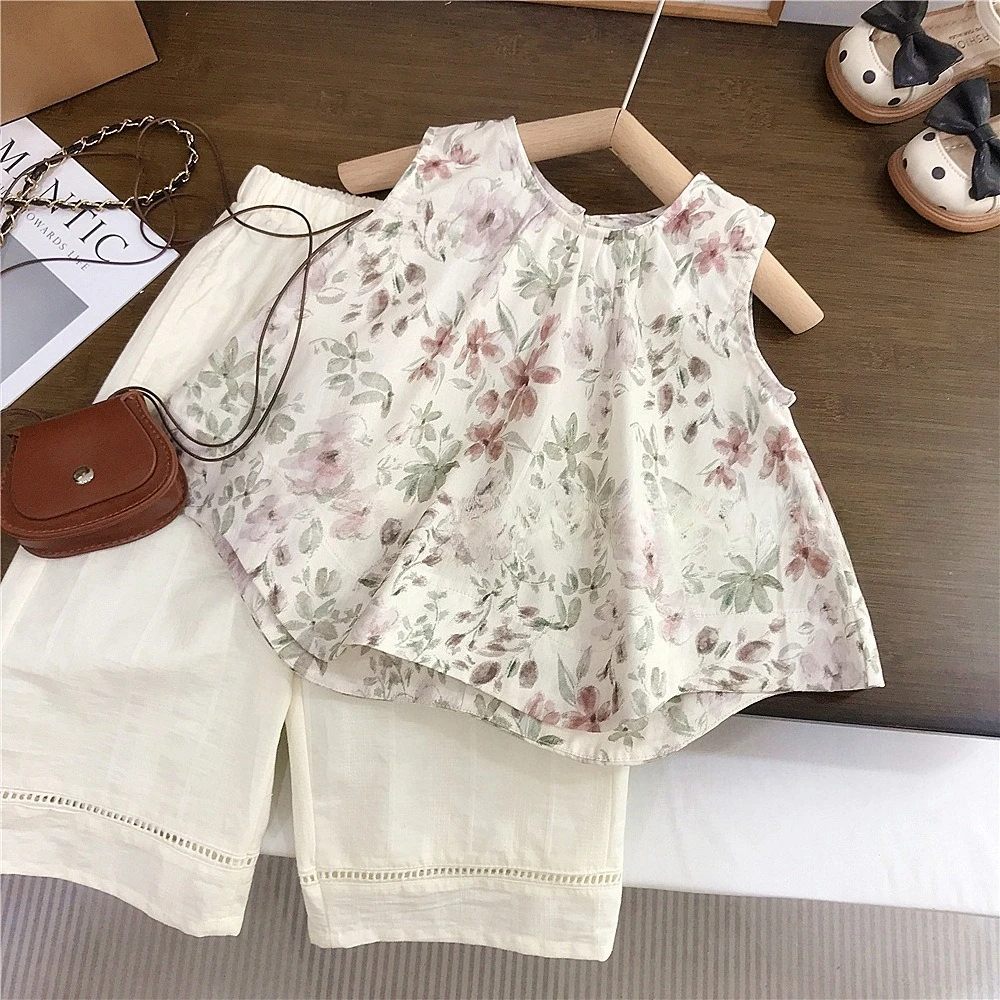 

2026 Summer Girls 2Pcs Outfit, Floral Sleeveless Tank Top & Wide Leg Pants Stylish Set for Kids for 90-140cm