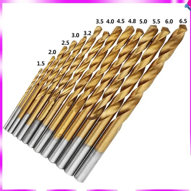 N96R 13Pc 1.5-6.5Mm Round Shank Twist Drill Bit Set Titanium Coated HSS Bit Woodworking Metal Tools