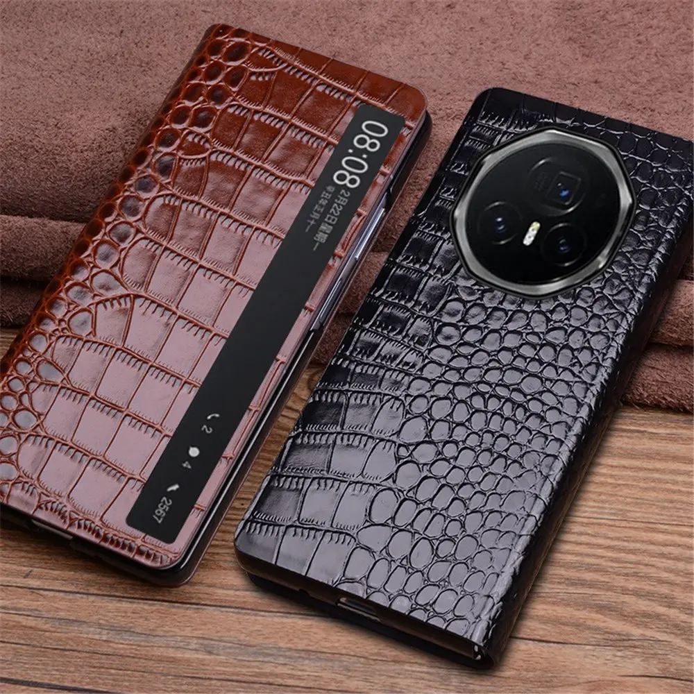 

Genuine Cowhide Leather Crocodile Flip Case for Honor Magic V3 Magnetic Window View Holder Cover