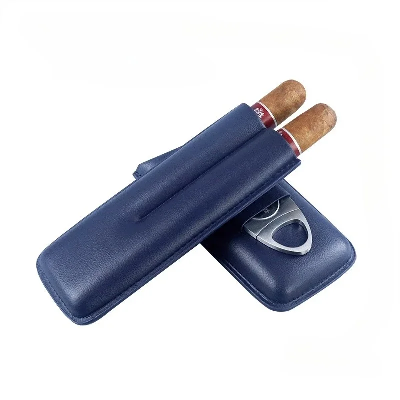 

Cigar Leather Case Portable Carry-On 2 Pack Navy Blue Cigar Bag Personalized Moisturizing Box with Cigar Scissors Accessories