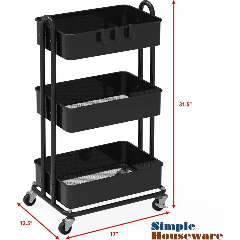 Сверхмощная 3-уровневая металлическая тележка, 12,5 D x 17 W x 31,5 H, Черная