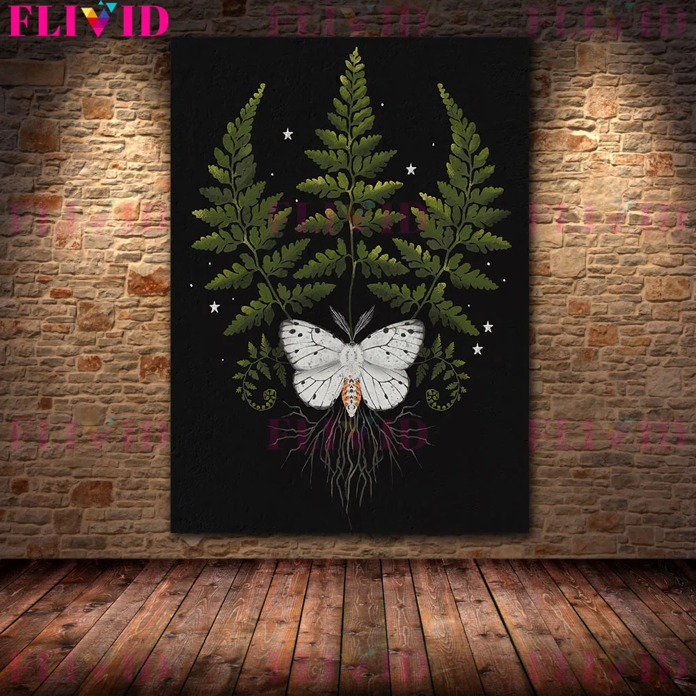 Moon Witchcraft,Moths,Bat Brides,Ghosts And Skeleton Plants Wall Art Canvas Painting Wicca Art Poster And Print Home Decoration