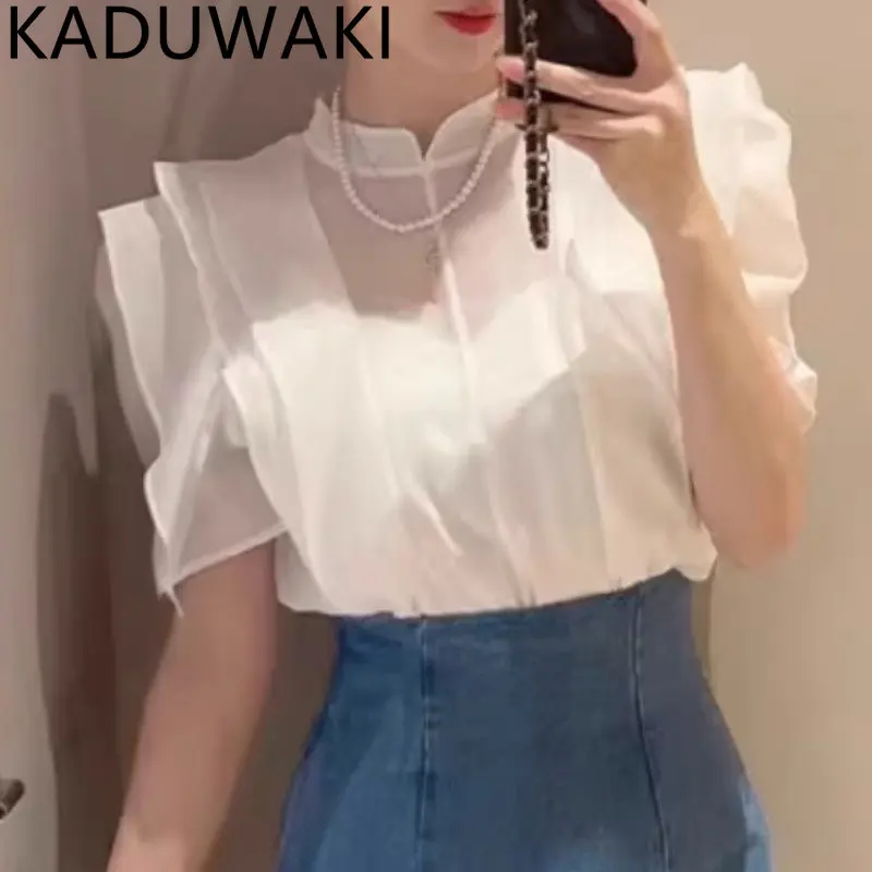 

Japan Style Patchwork Cascading Ruffle Blusas Mujer Stand Colla Puff Sleeves Shirts Blouses Summer Shirt Tops Fairy Camisas