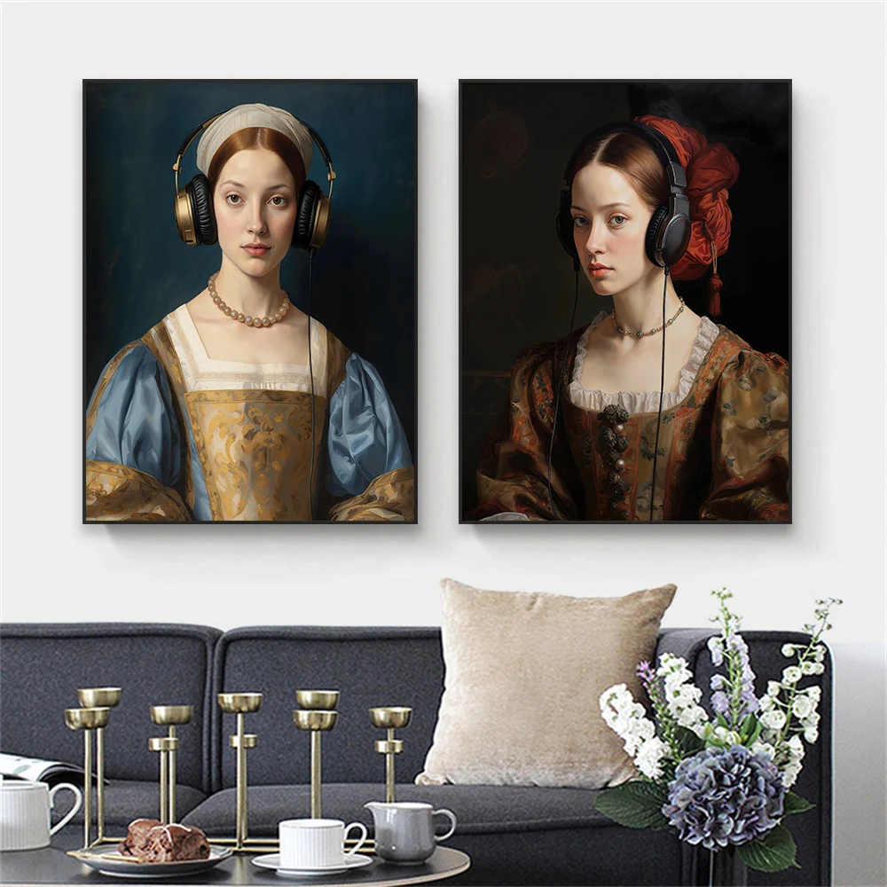 Renaissance Woman Portrait Oil Painting Prints Poster Woman Listening To Music Poster Altered Classic Art Canvas Painting