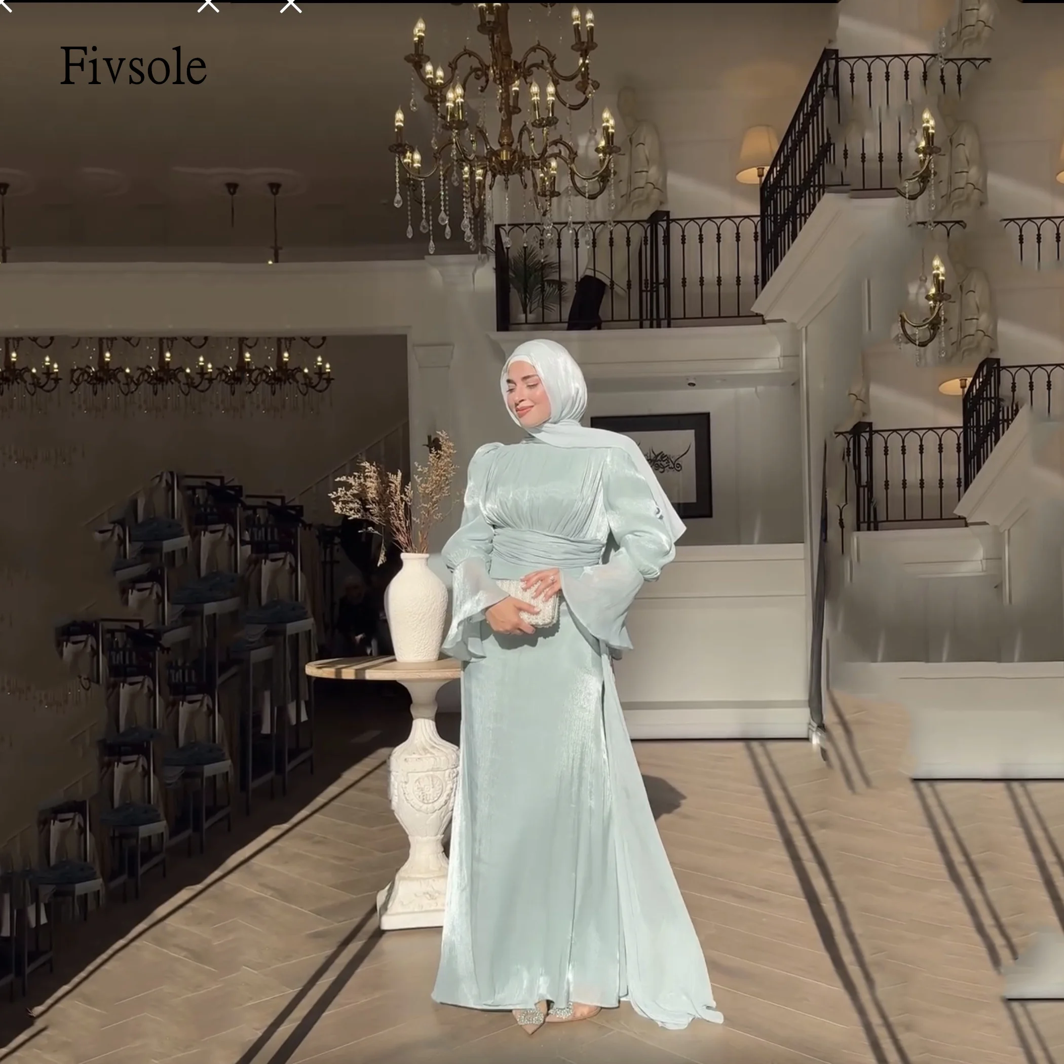 

Fivsole Modest A Line Prom Gowns Long Bell Sleeves Party Gown Floor Length Saudi Evening Dress vestidos de gala Customized