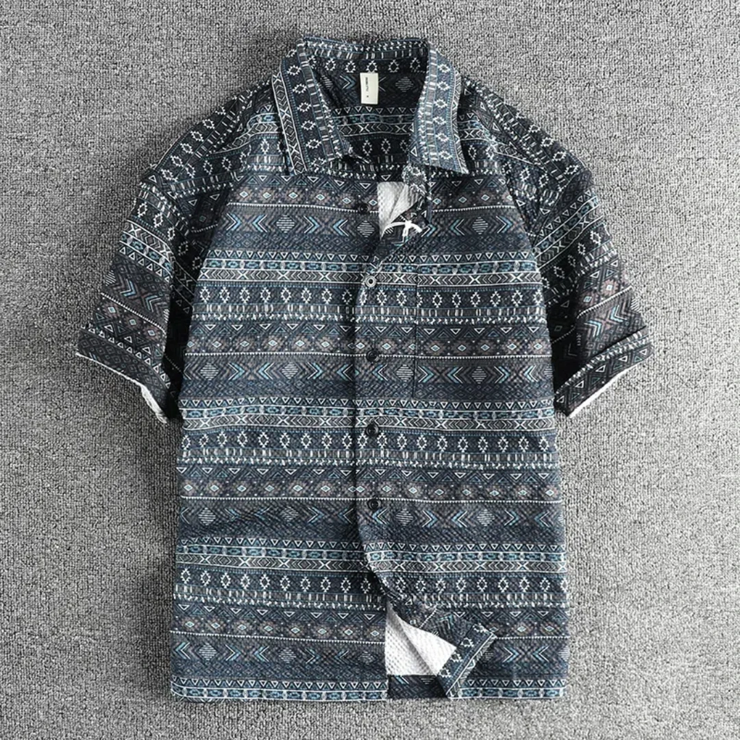 Trend retro national wind totem short sleeve shirt men's seersucker breathable comfortable loose casual half sleeve top