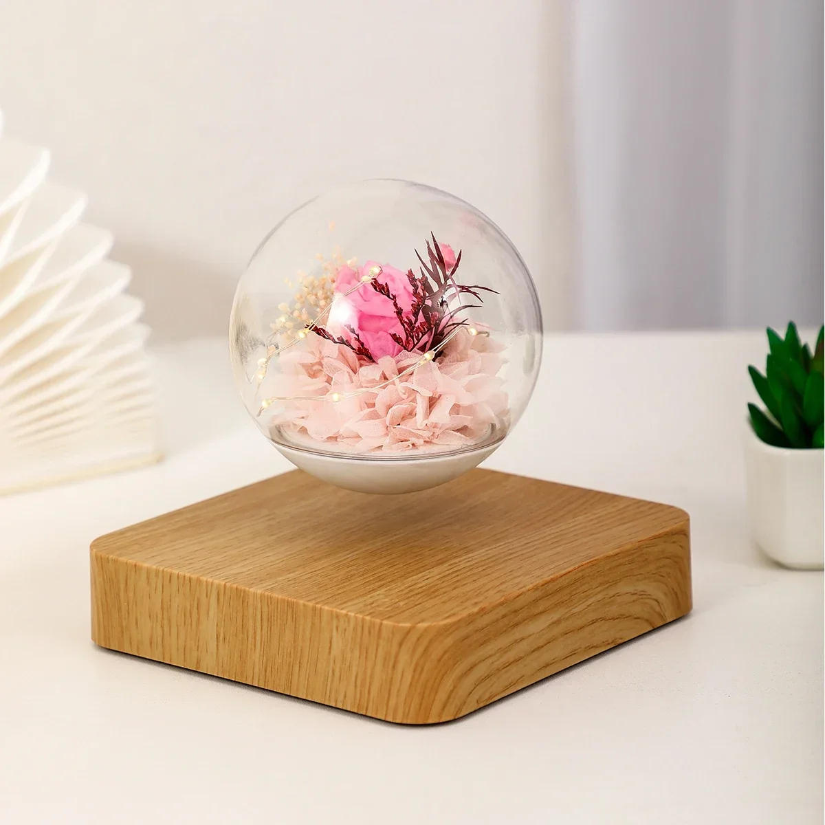 HCNT Levitating Rose Eternal Lamp LED Bulb Preserved Real Rose Floating Lights Wood Table Lamp Flower for Gifts