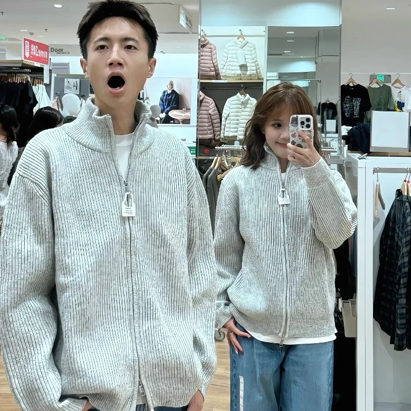 

Loose Fit Knitted Open Cardigan High Street Sle Couple Design Korean Version Stand Collar Autumn Winter plus Size Sweater