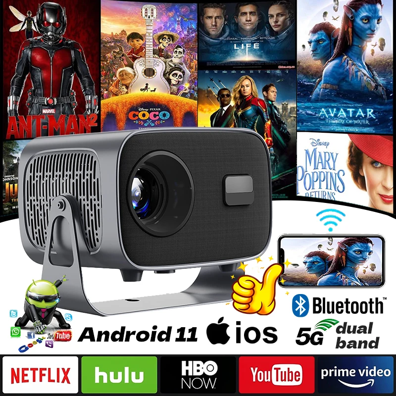 A10 Mini Smart Projector 550ANSI Android 11 WIFI BT Home Theater Cinema Beamer LED for Full HD 4k Video Auto Focus Game Console