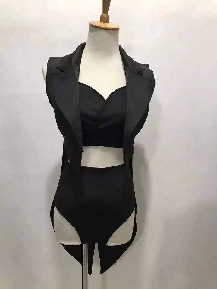 

Sexy Stage Wear Black Bra Shorts Tailcoat 3-Piece Set Nightclub Bar DJ Singer Dancer Performance Clothes Women Jazz Dance Outfi