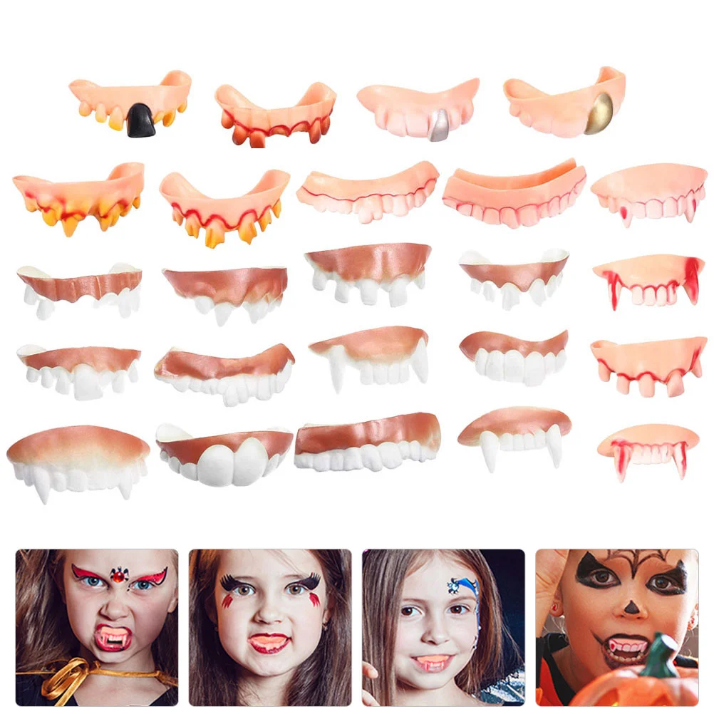 24 Pcs Fake Teeth Halloween Dentures Zombie Ugly Costumes Clothing for Child