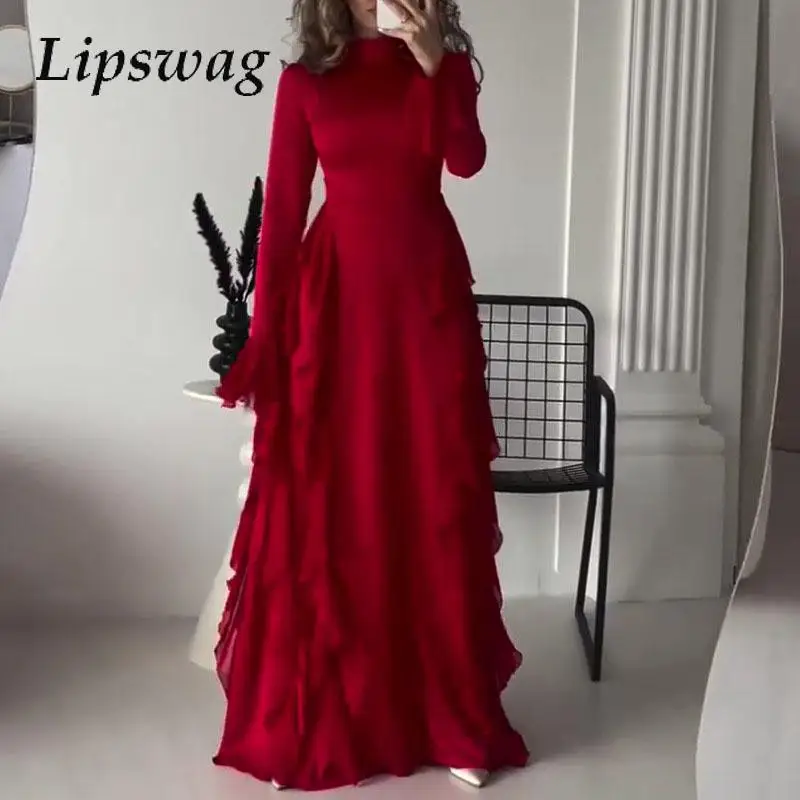 

Winter Waist Solid Maxi Dress Autumn 2024 High Collar Draped Long Dress Women Elegant Flare Collar Ruffles Stitching Party Dress