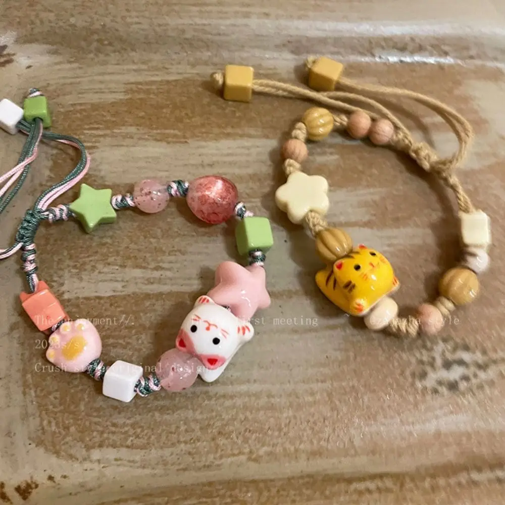 Handmade Ceramic Cat Bracelet Korean Style Lucky Cat Maneki Neko Bracelet Jewelry Accessories Liuli Bead Cat Bead Bracelet