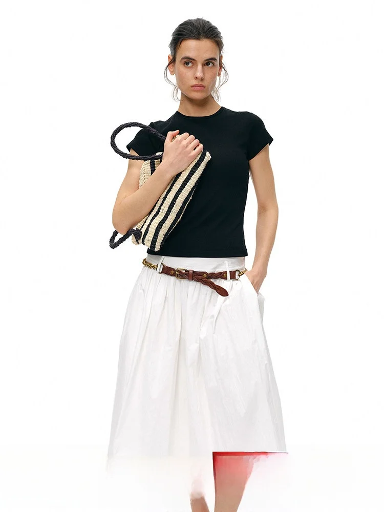 

High Waist A-Line Midi Skirt Cotton Blend Pleated White Women's Half Body Skirt Spring Commute Style Loose Fit Zipper Closure