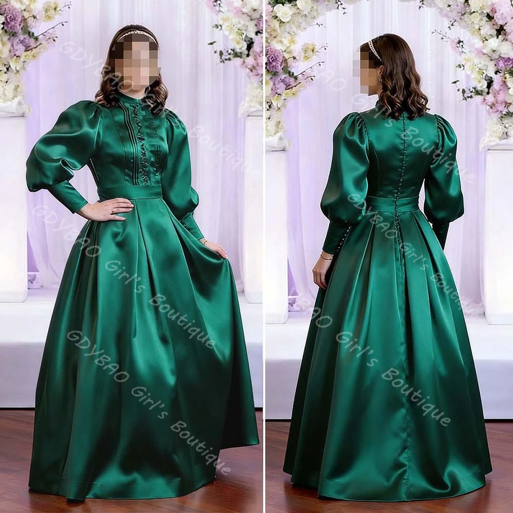 

Customized Teens Party Gown High Neck Bubble Sleeves Draped Satin Evening Dress for Girls Vintage A-line/Princess Formal Dress