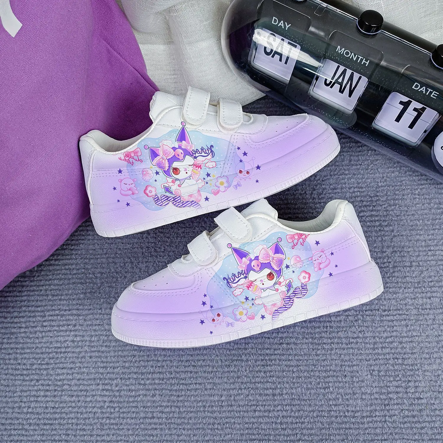 Kuromi Cartoon Children Sneakers For Girls Boys Casual Print Sport Shoes Flat Kids Tennis Shoes White Low Cut Board Shoes