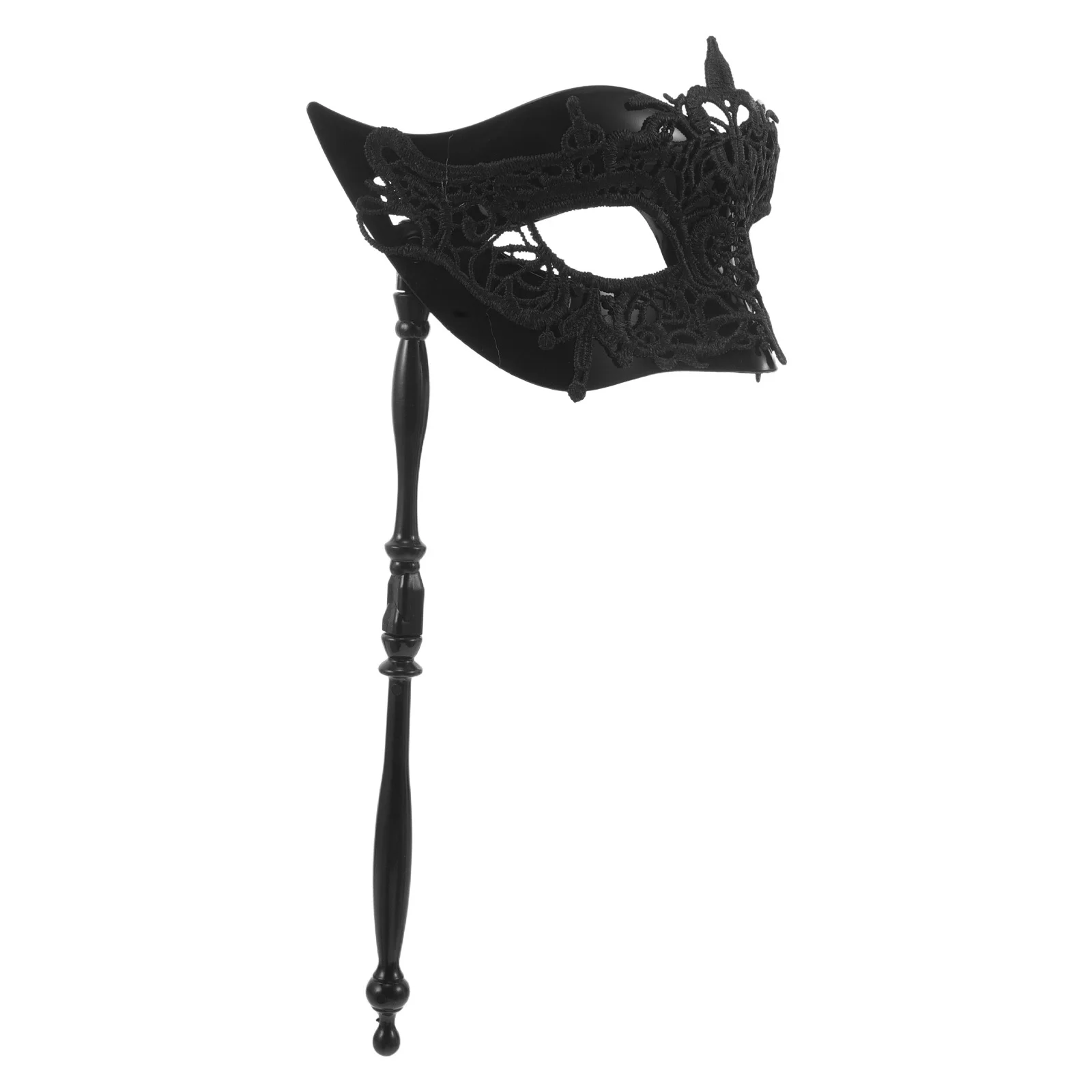 قناع تنكر نصف وجه بتصميم أنيق من الدانتيل مع مقبض لحفلات الهالوين وأداء مسرح الكرنفال باللون الأسود