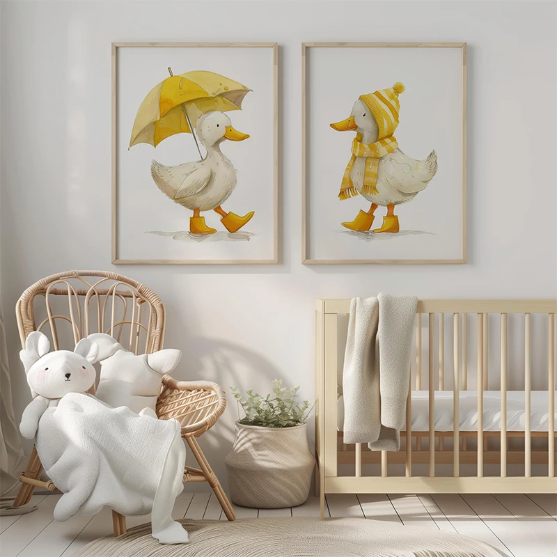 Adorable Ducks Standing in Rain Cute Drawing Posters Prints Canvas Printing Wall Art Picture for Children's Room Home Decor Gift