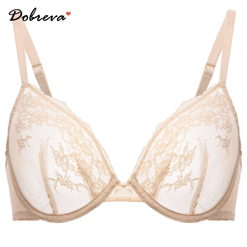 

DOBREVA Women's Sexy Mesh See Through Floral Lace Bra Plus Size Plunge Underwire Bras Unlined Sheer