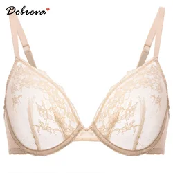 DOBREVA Women's Sexy Mesh See Through Floral Lace Bra Plus Size Plunge Underwire Bras Unlined Sheer