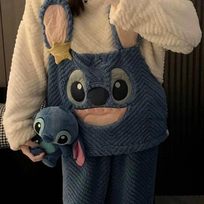 Disney-Pyjama de dessin animé doux et mignon, pyjama de la série Stitch, coeur girly chaud et épaissi, ensemble de vêtements de maison, automne et hiver, nouveau, Kawaii